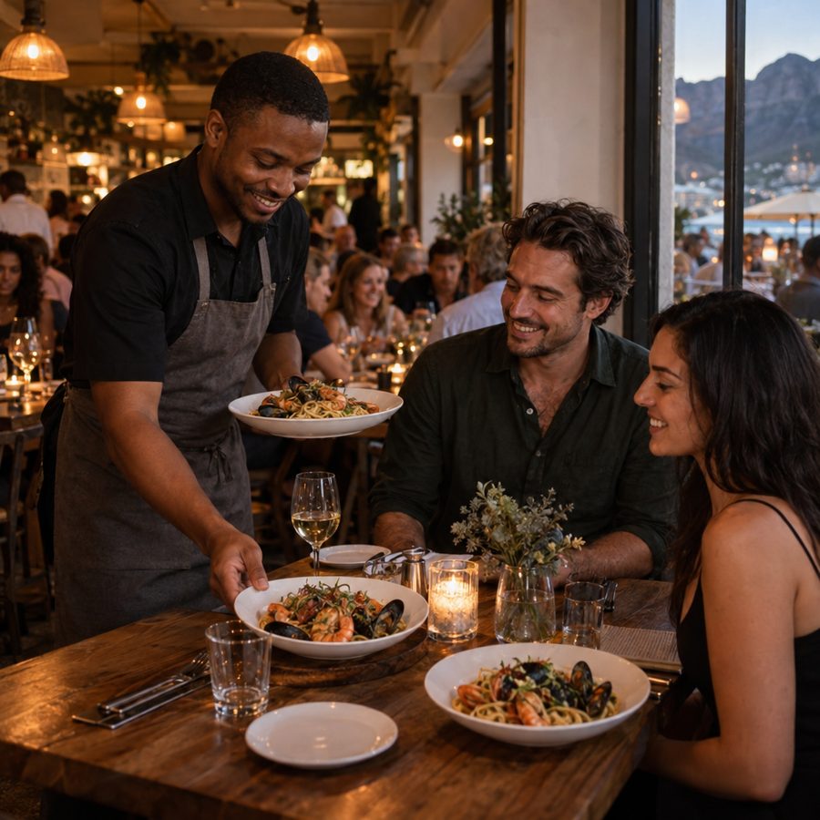 Waiter serving seafood pasta to a couple in a warm, busy café