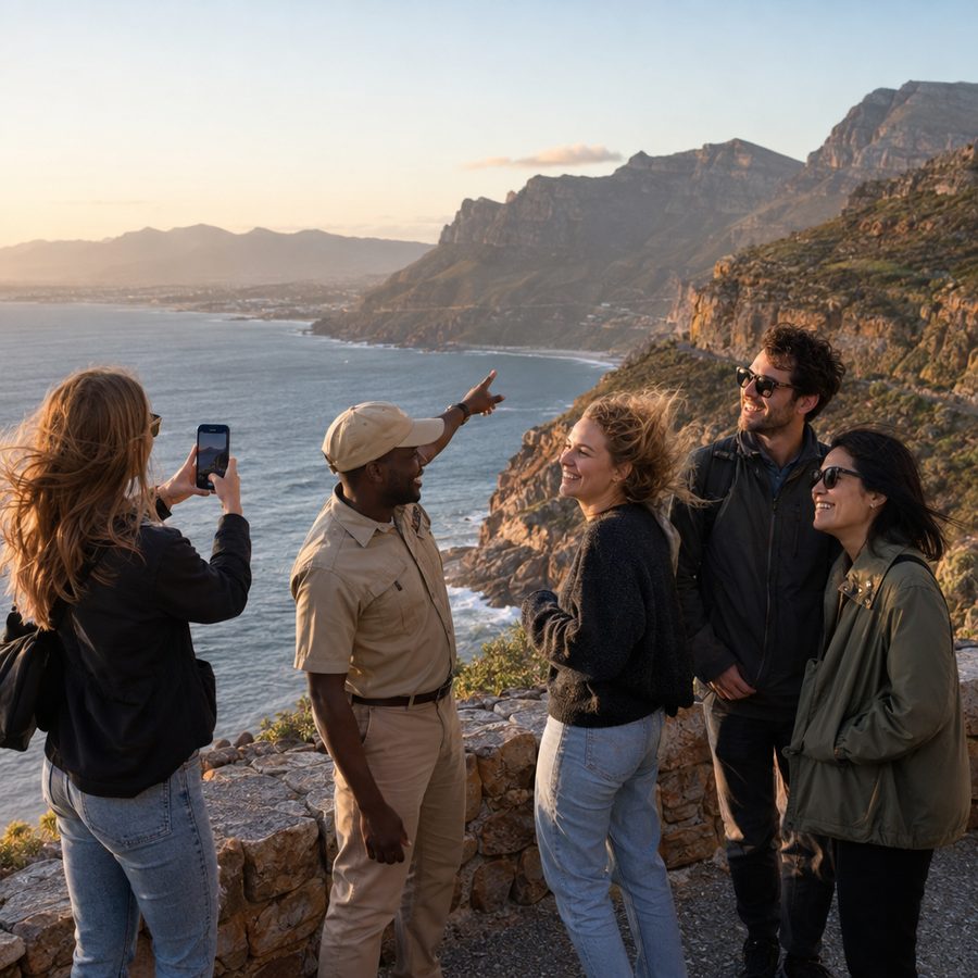 Small tour group with a guide at a coastal viewpoint on Chapman’s Peak